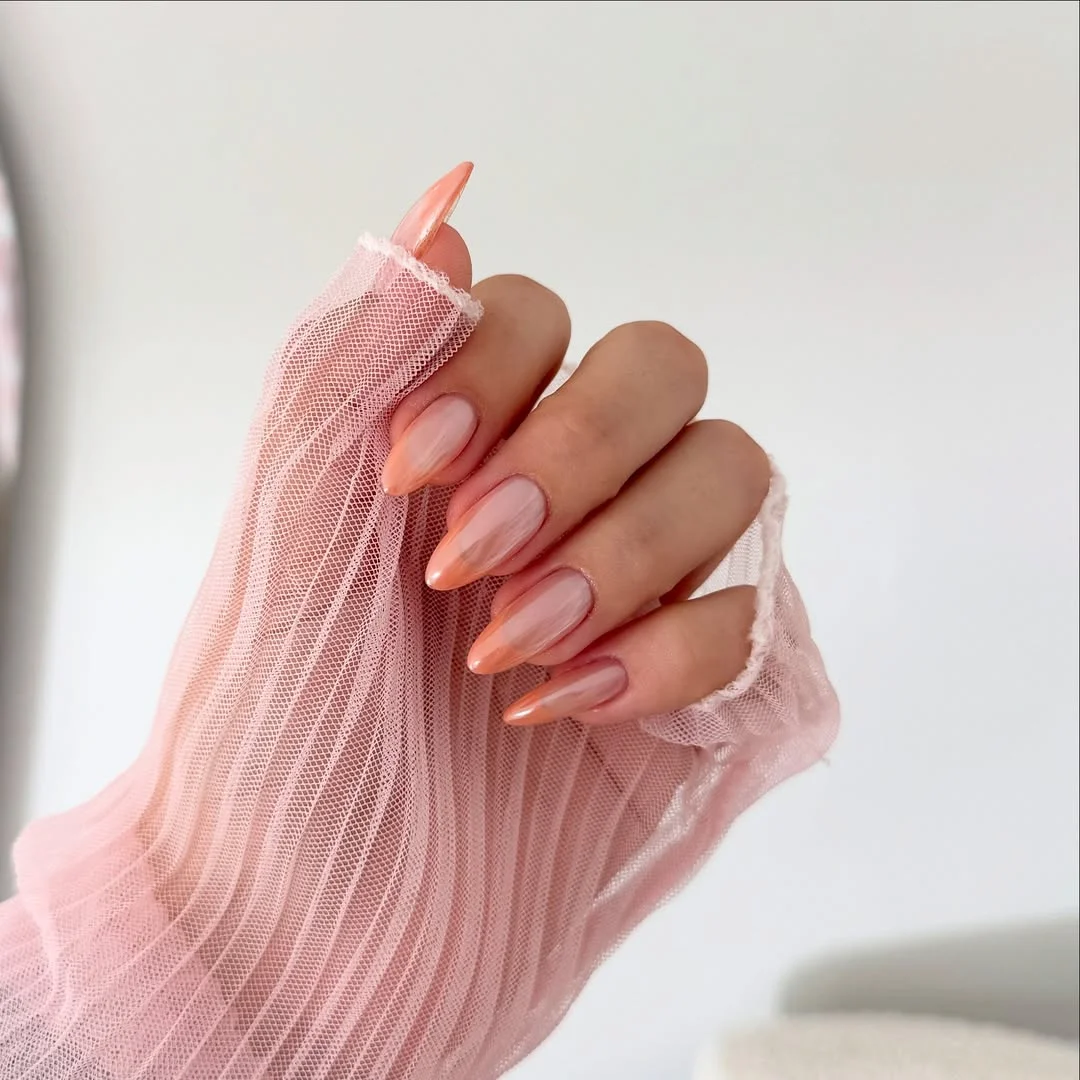 trendy summer nails 2026 Peach Ombre Chrome Almond Nails