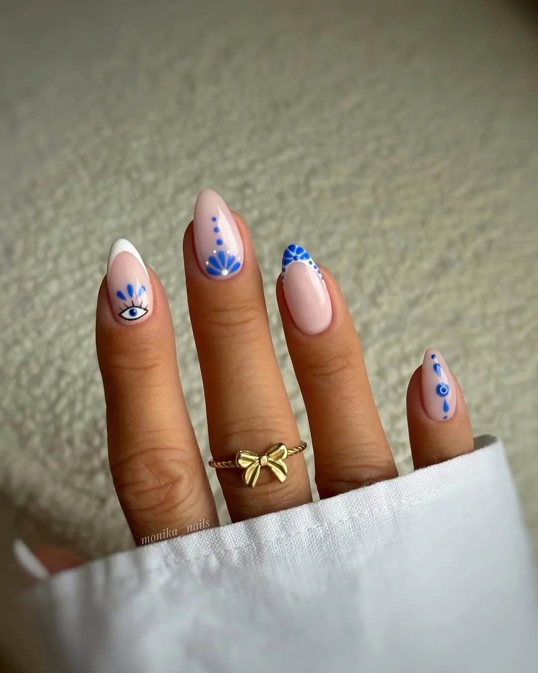 trendy summer nails 2026 Blue Mediterranean Almond Nail Art