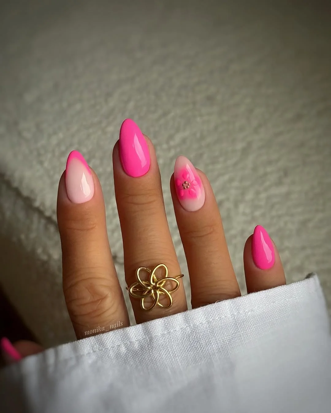 trendy summer nails 2026 Hot Pink Almond Nails With Floral Art