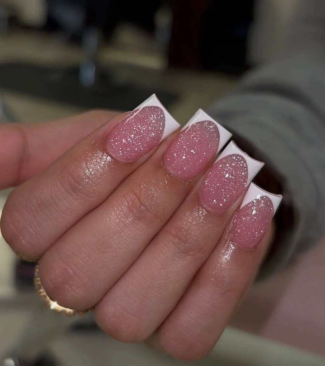 trendy summer nails 2026 Pink Glitter Square Nails With White French Tips