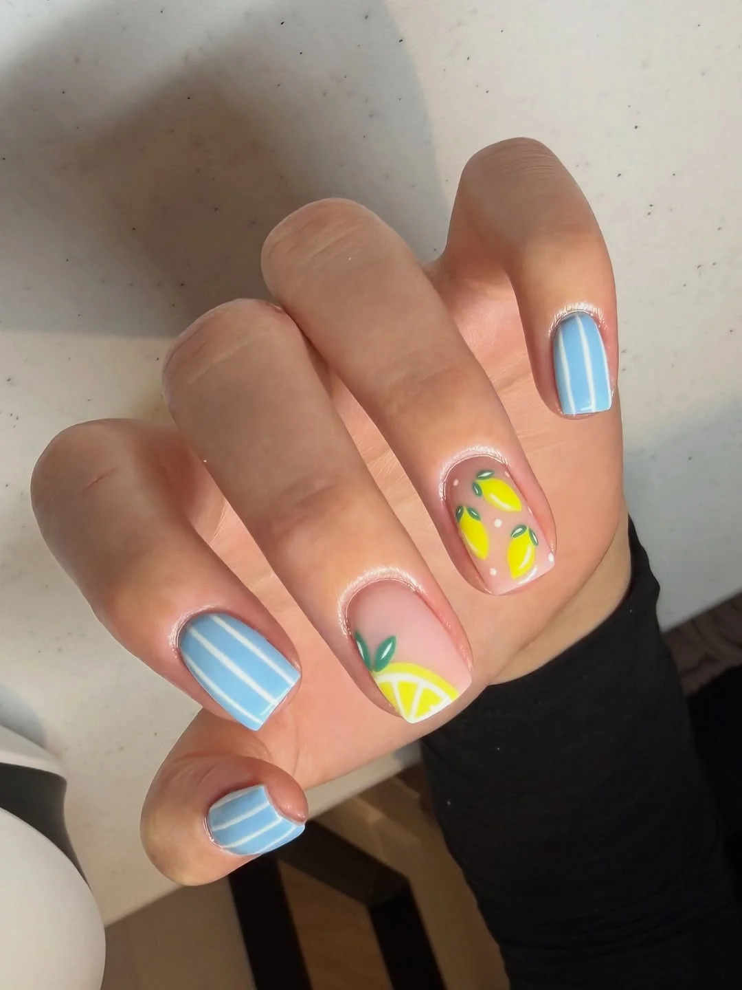 trendy summer nails 2026 Blue And Lemon Short Summer Nails