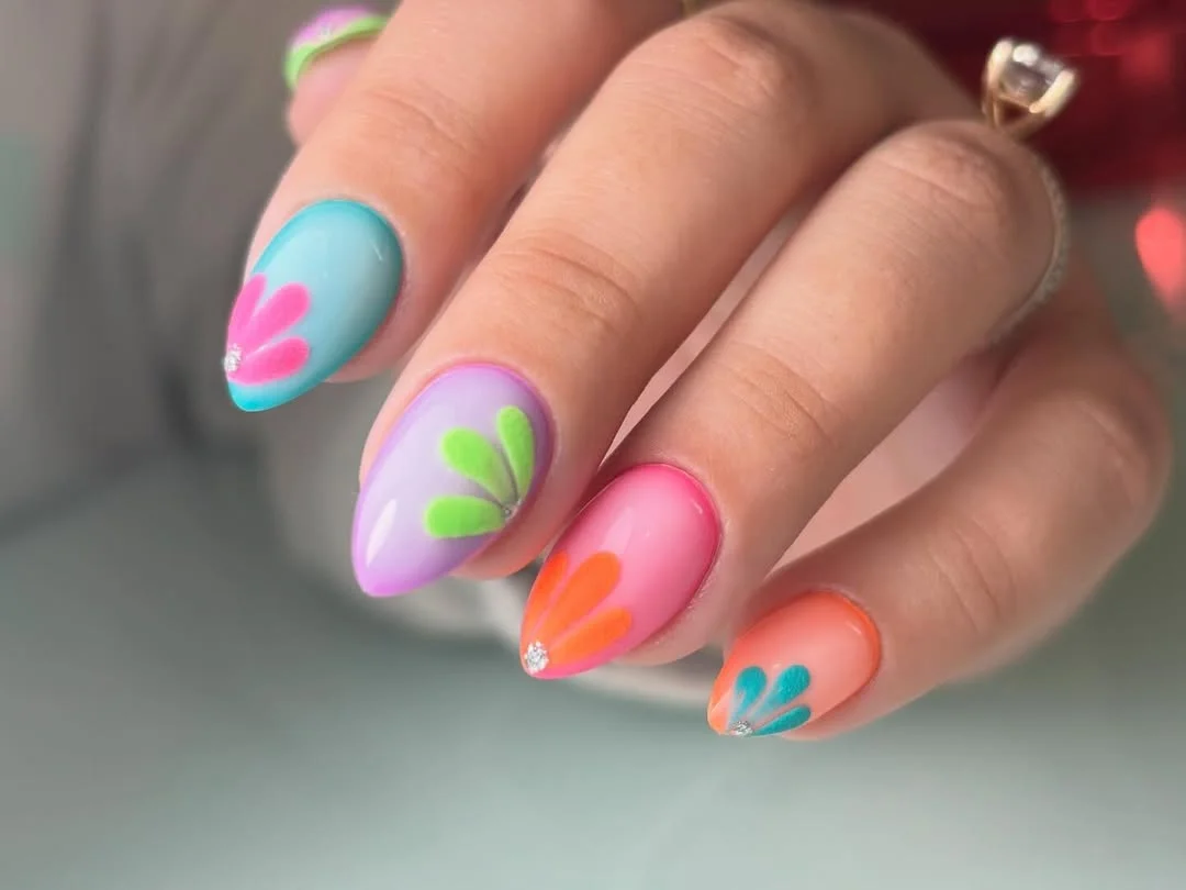 trendy summer nails 2026 Pastel Flower Almond Nails