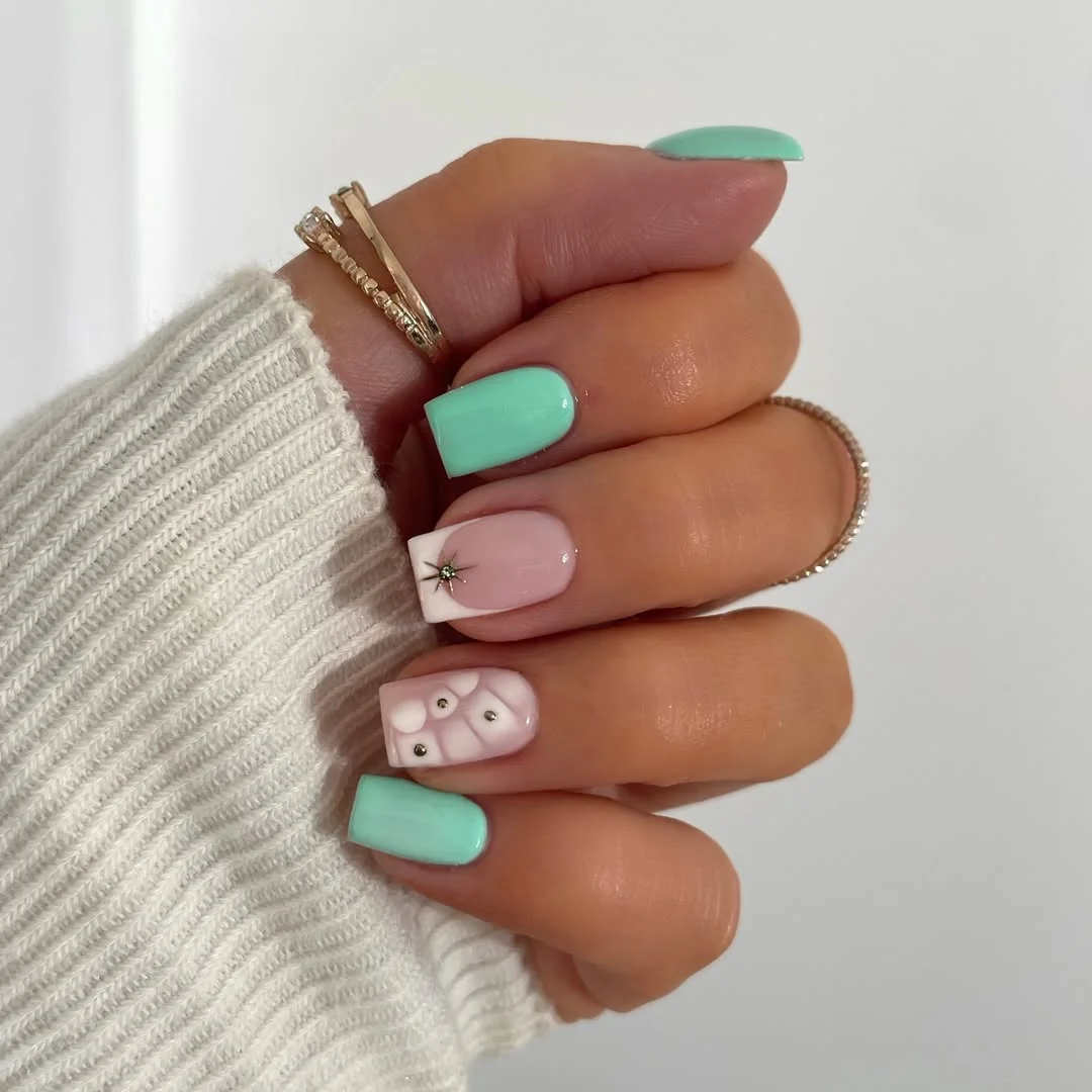 trendy summer nails 2026 Mint Green Square Nails With Soft Details