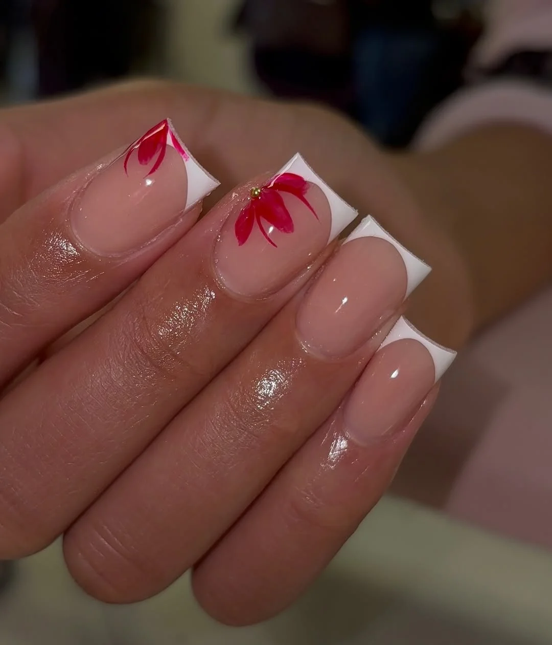 trendy summer nails 2026 Square French Tips With Red Floral Art