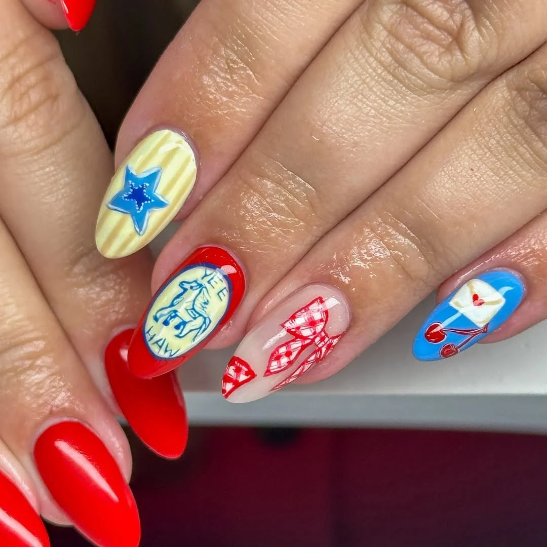 usa nails 2026 Western Rodeo Nails With Cherry Red Accents