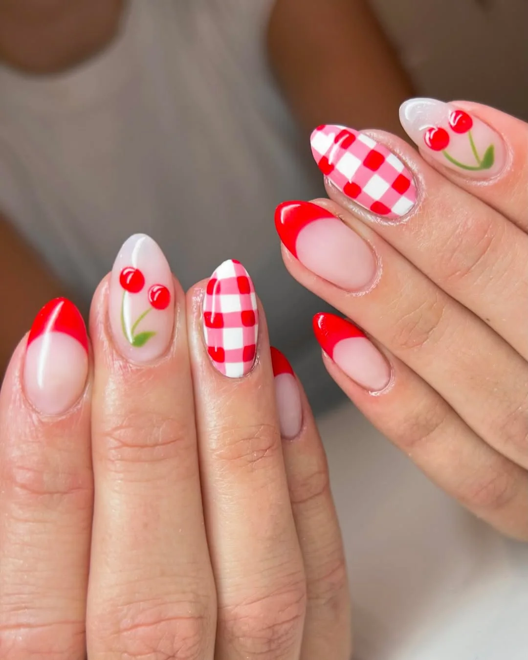 usa nails 2026 Cherry Picnic French Tips For A Soft Summer Look
