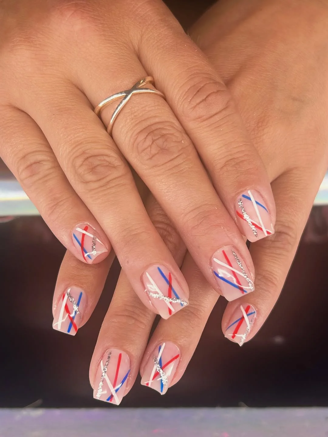 usa nails 2026 Simple 4th Of July Square Nails With Silver Lines