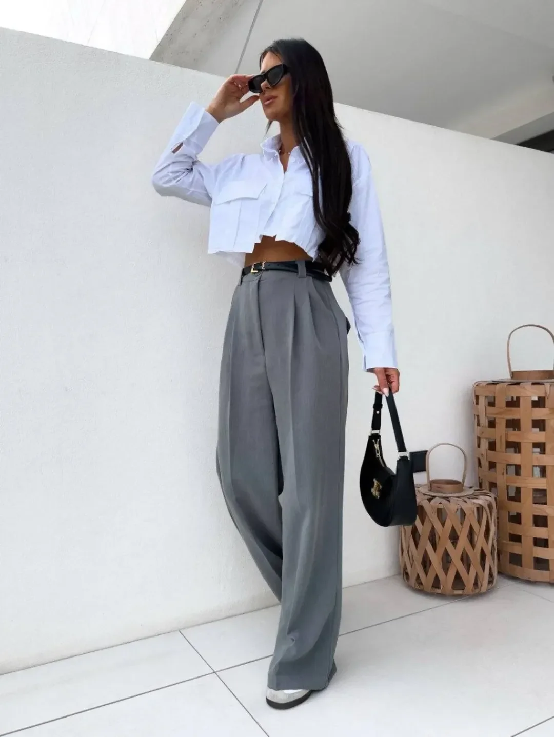 chic fall outfits pants 2026 Relaxed Grey Trousers with a Modern Cropped Shirt