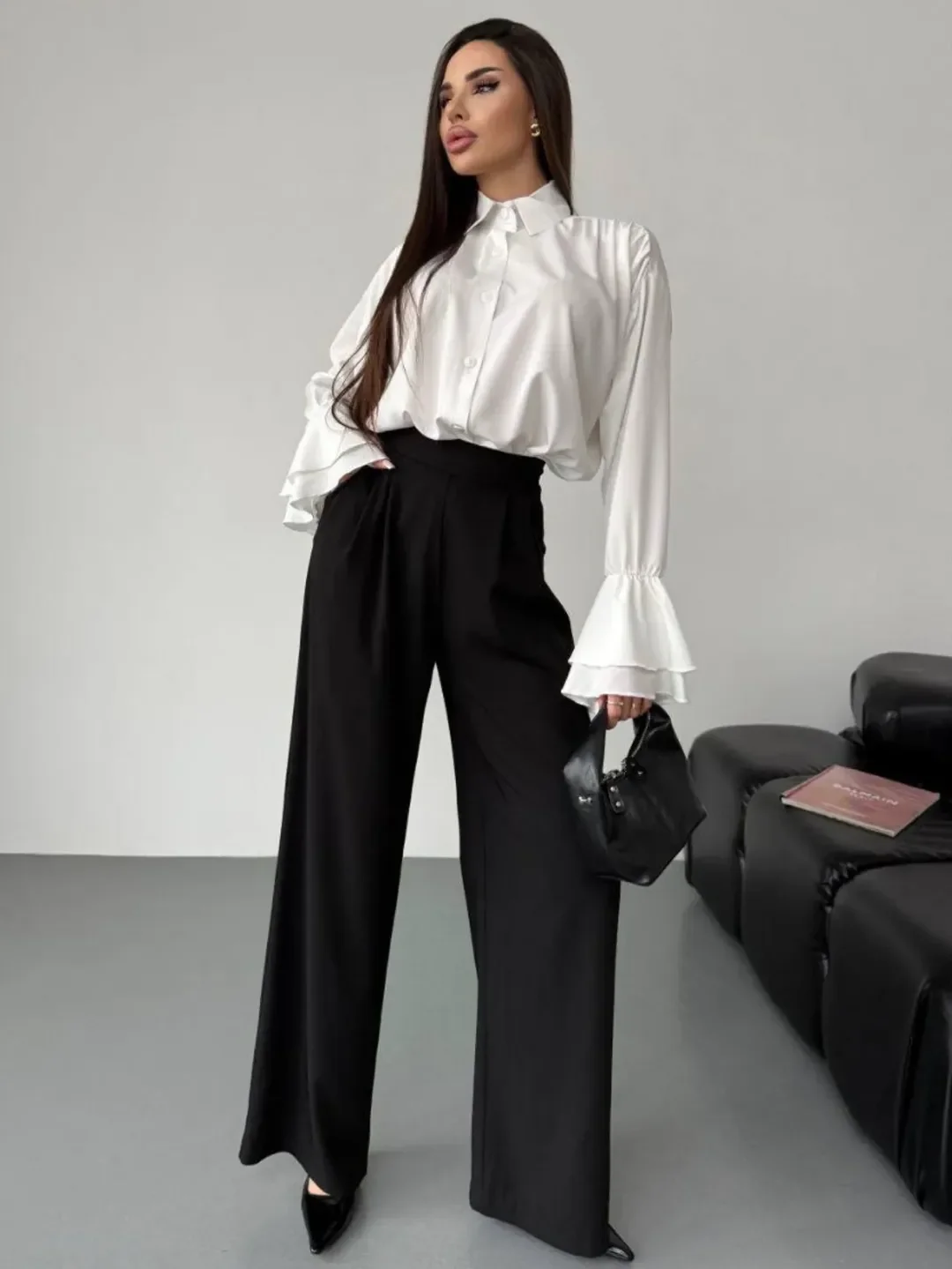 chic fall outfits pants 2026 Wide-Leg Black Trousers With Romantic White Shirting