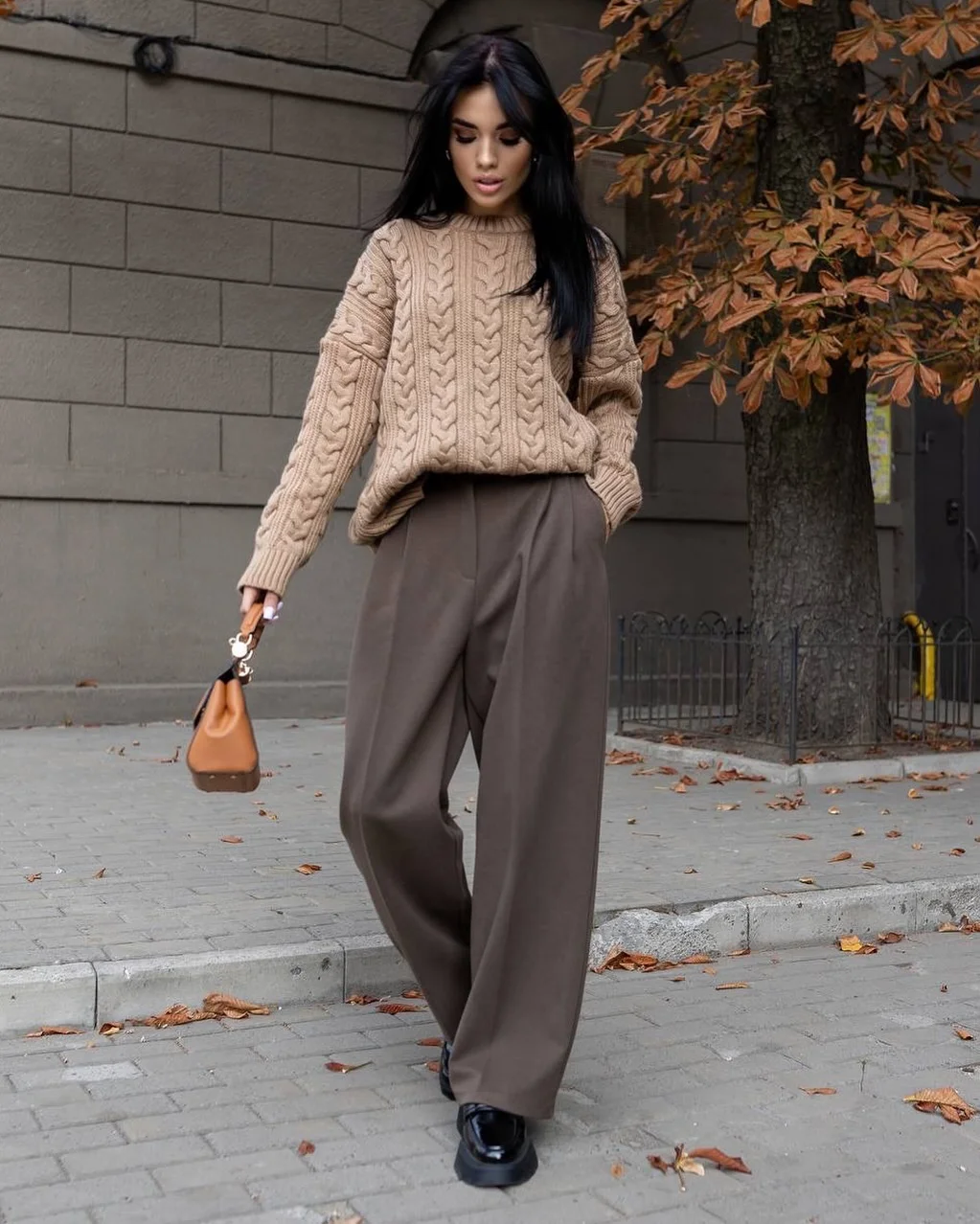 chic fall outfits pants 2026 Cozy Knitwear and Chocolate Brown Trousers for Fall Days