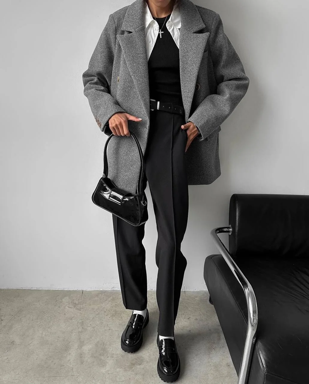 chic fall outfits pants 2026 Grey Coat and Black Tailored Essentials