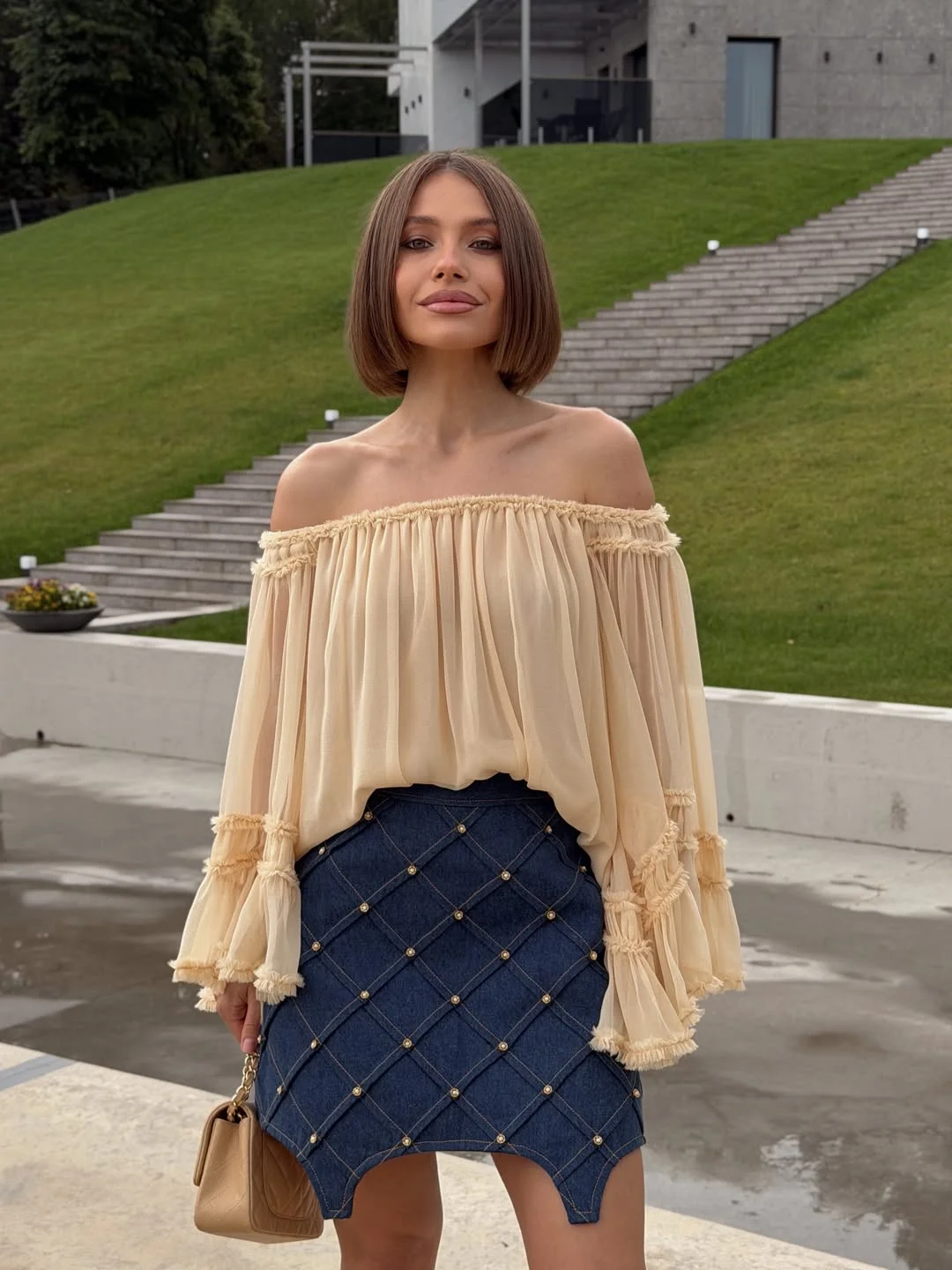 early fall outfits ideas 2026 Romantic Blouse and Textured Denim Skirt