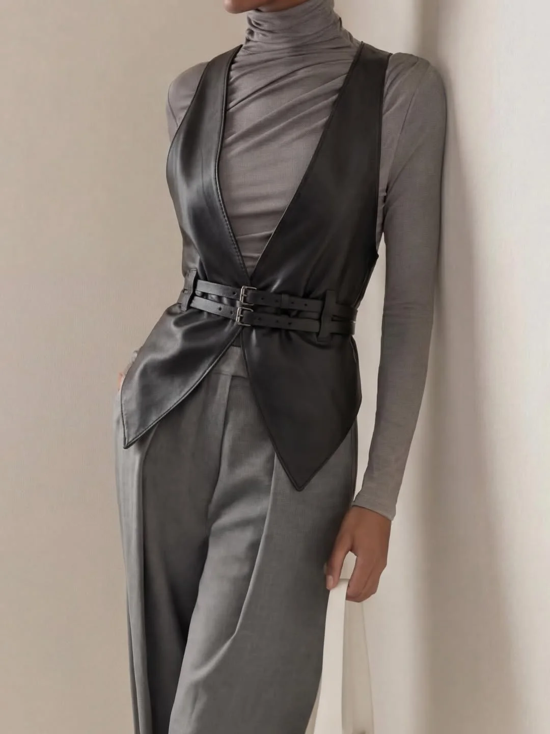 early fall outfits ideas 2026 Layered Leather Vest And Soft Gray Basics