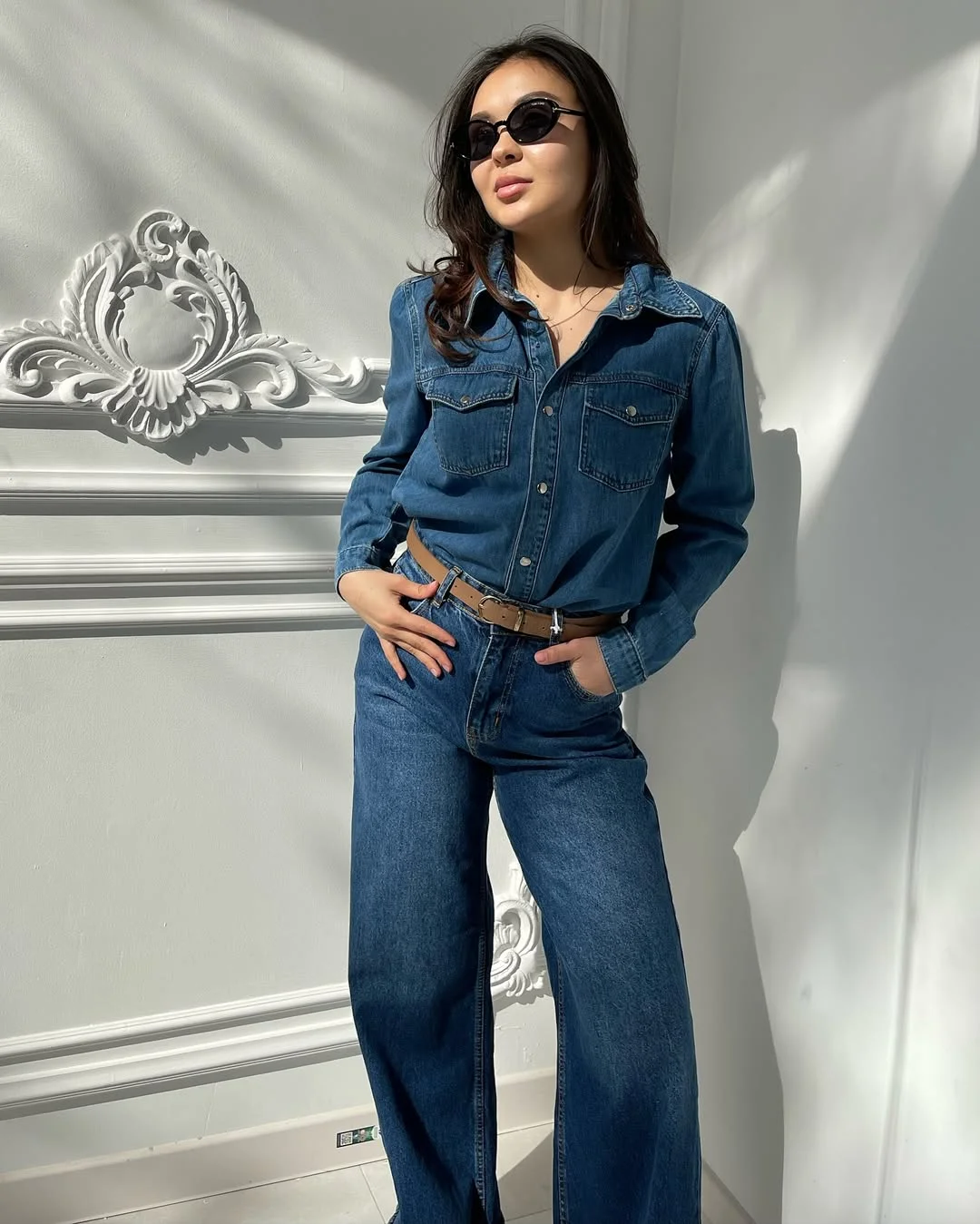 fall all denim outfits for women 2026 Classic Denim Shirt and Wide Leg Jeans