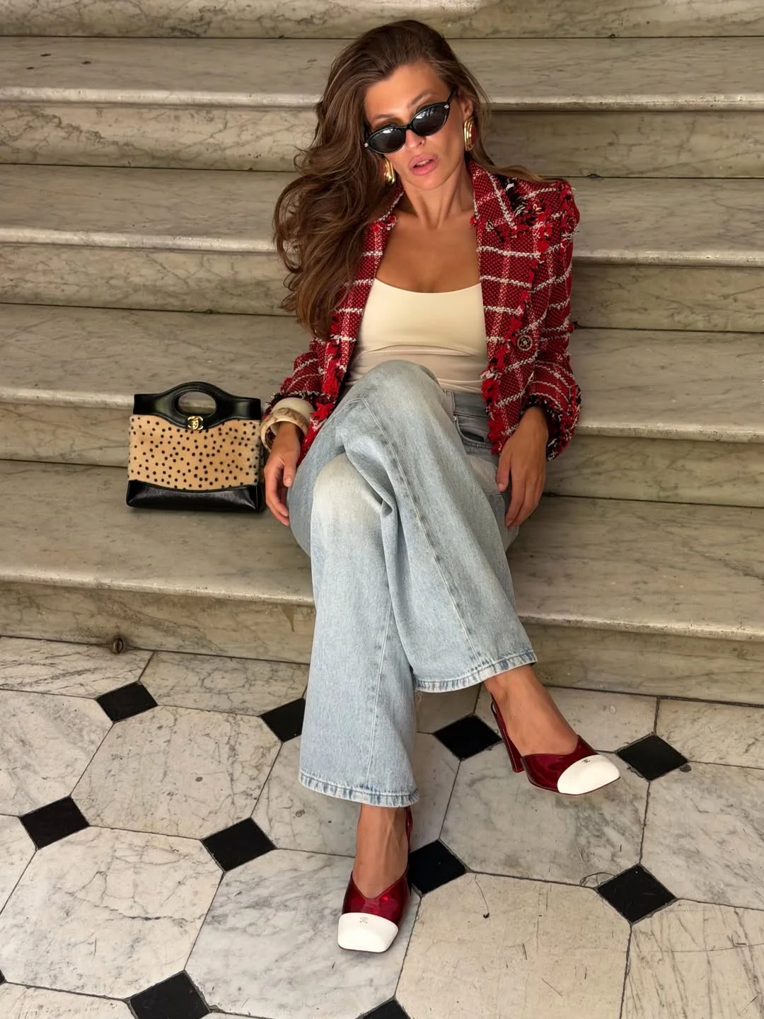 fall fashion for women over 40 2026 Parisian Red Tweed Meets Relaxed Denim