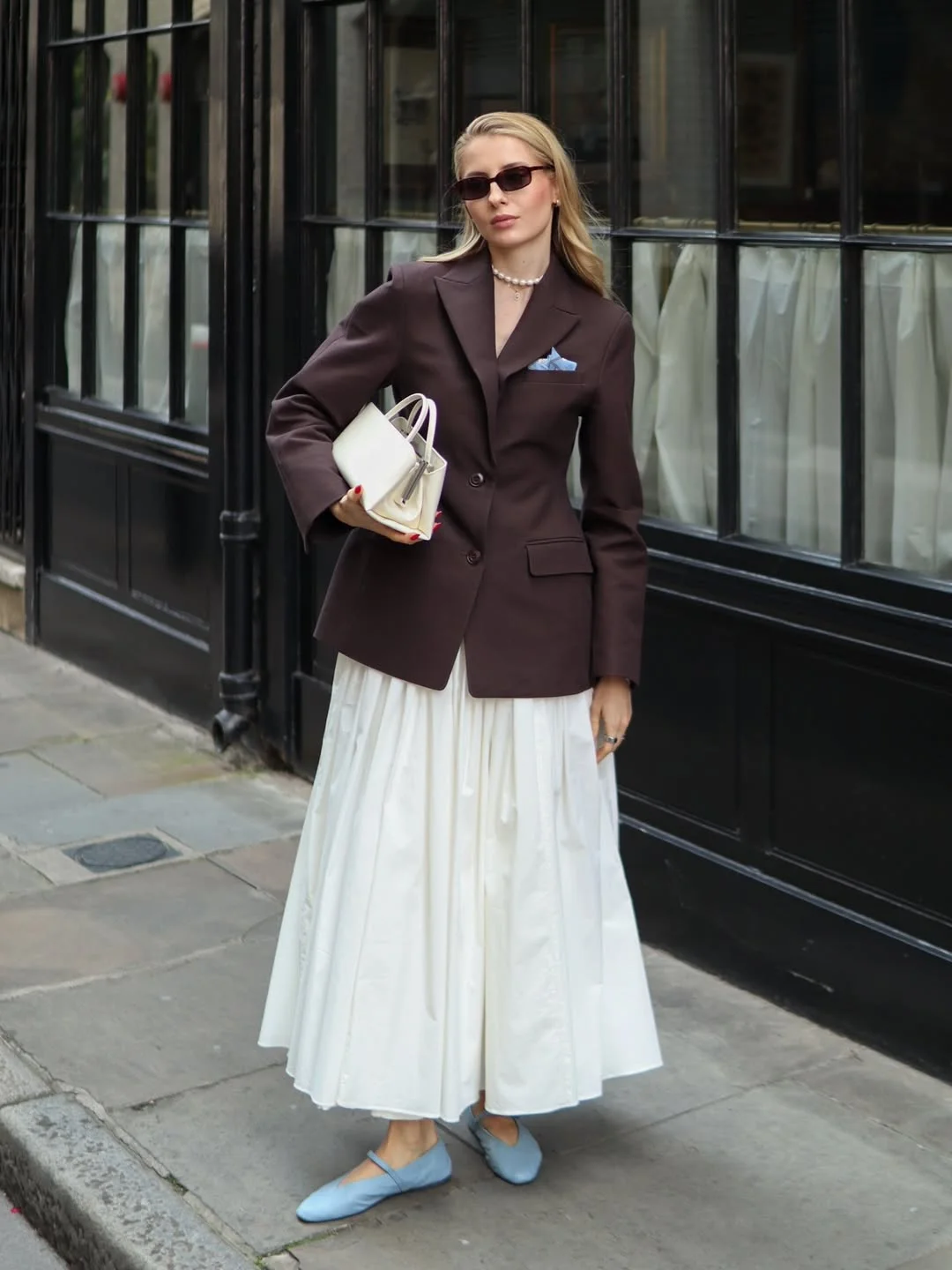 fall fitted blazer outfit 2026 Chocolate Tailoring Meets a Flowing White Skirt