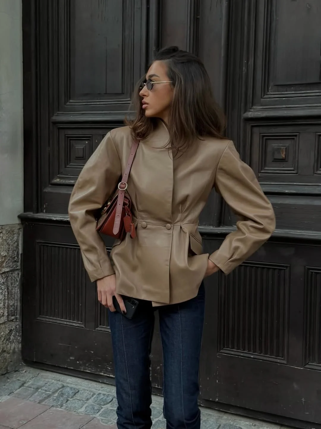 fall fitted blazer outfit 2026 Tailored Leather and Dark Denim Balance