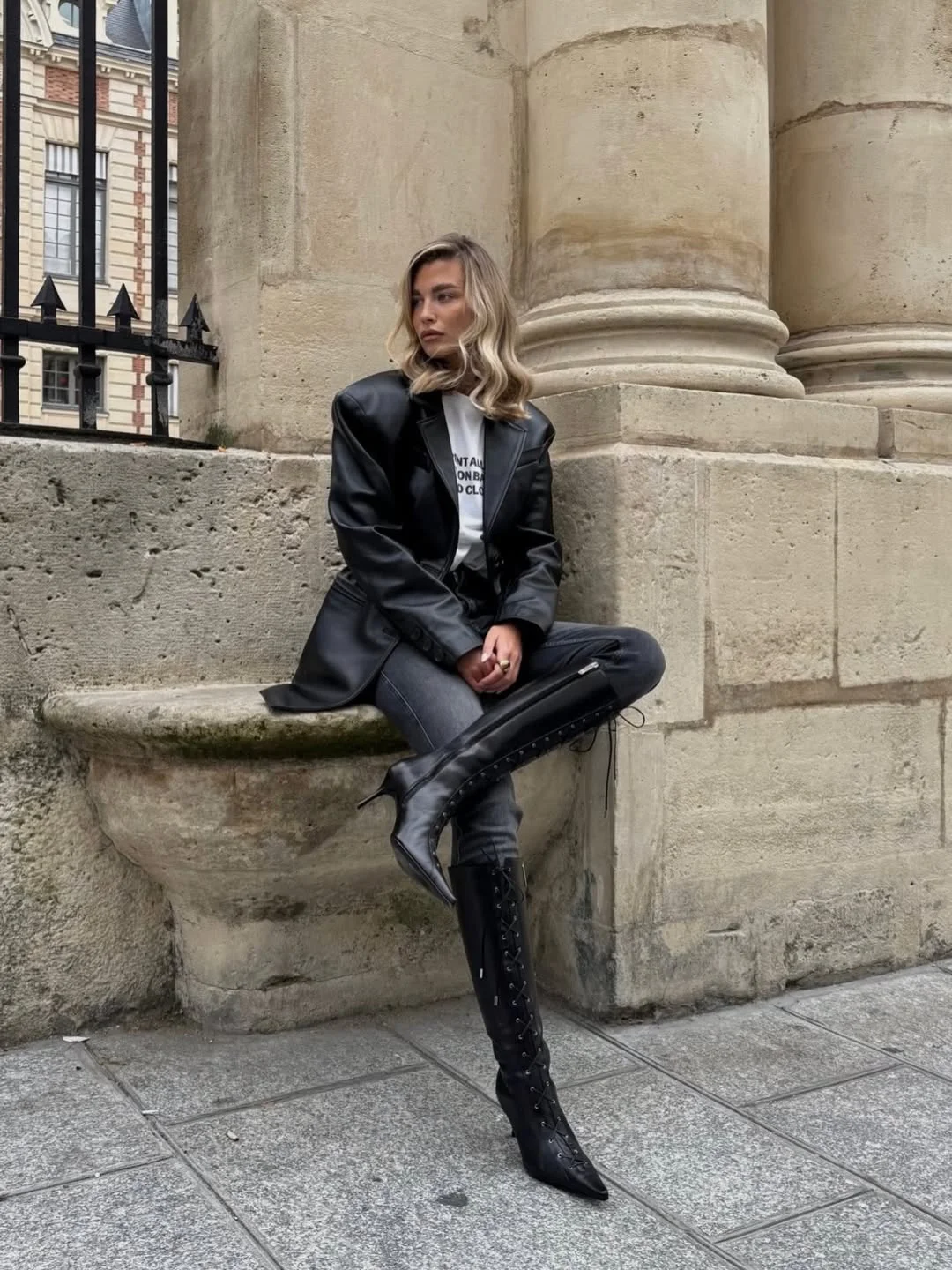 fall fitted blazer outfit 2026 Black Leather Blazer with Statement Boots