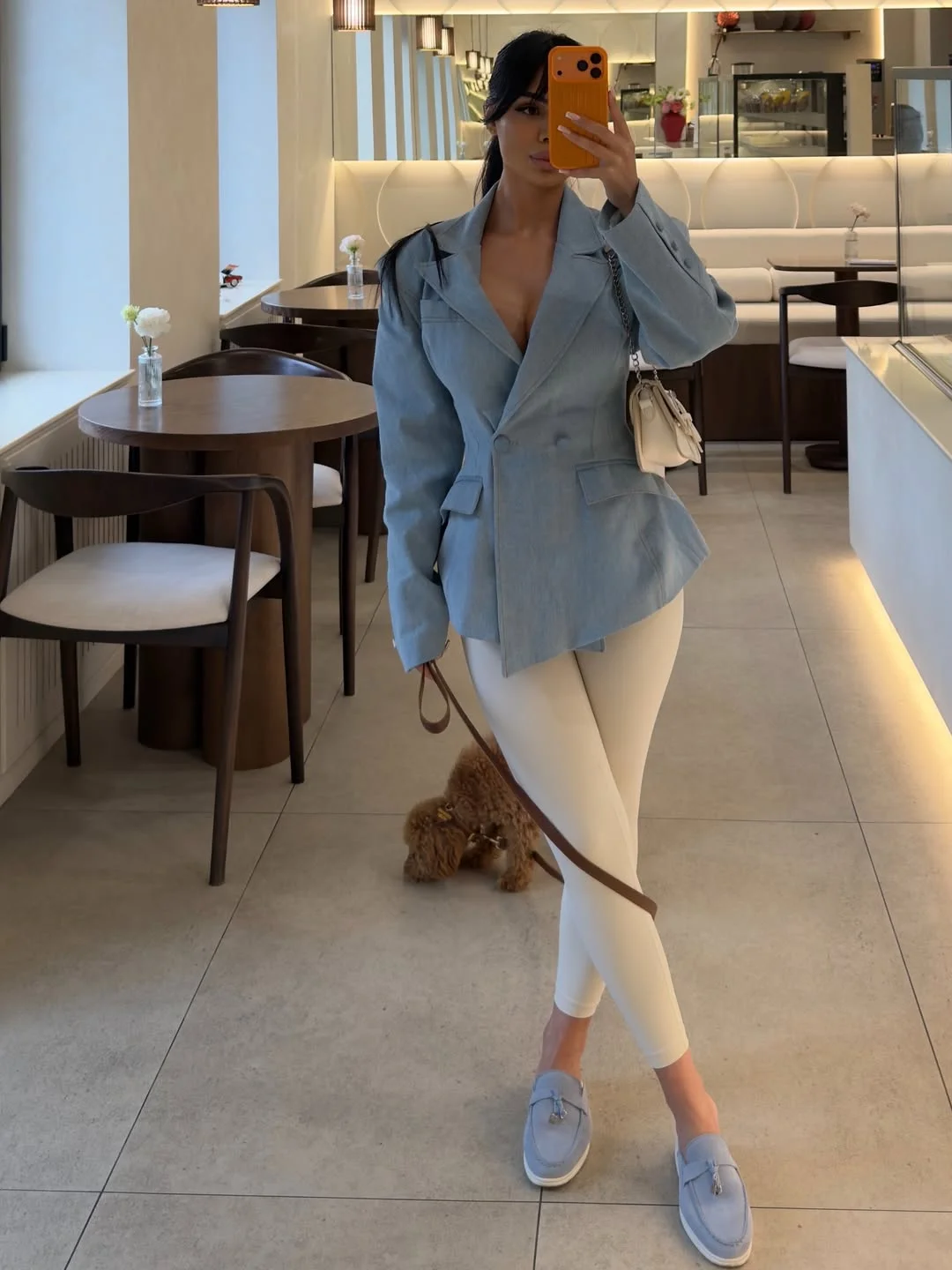 fall going out outfits 2026 Powder Blue Blazer And Cream Pants For Early Fall Plans