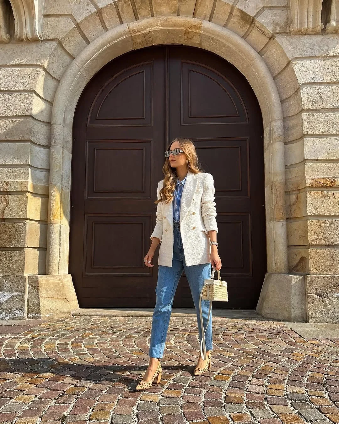 fall mom outfits 2026 Elevated Denim And Cream Blazer Formula