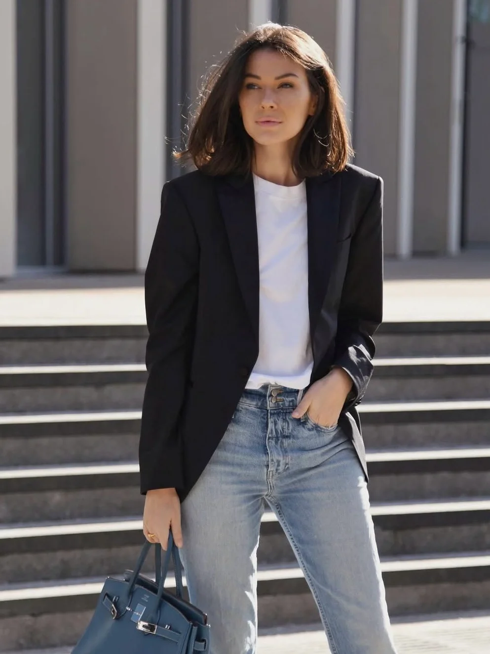 fall mom outfits 2026 The Black Blazer And Blue Jeans Combination
