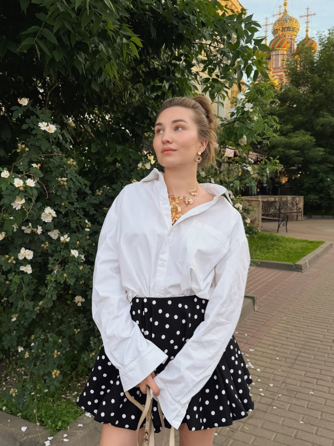 fall office outfits for women 2026 Classic White Shirt and Polka Dot Skirt Revival
