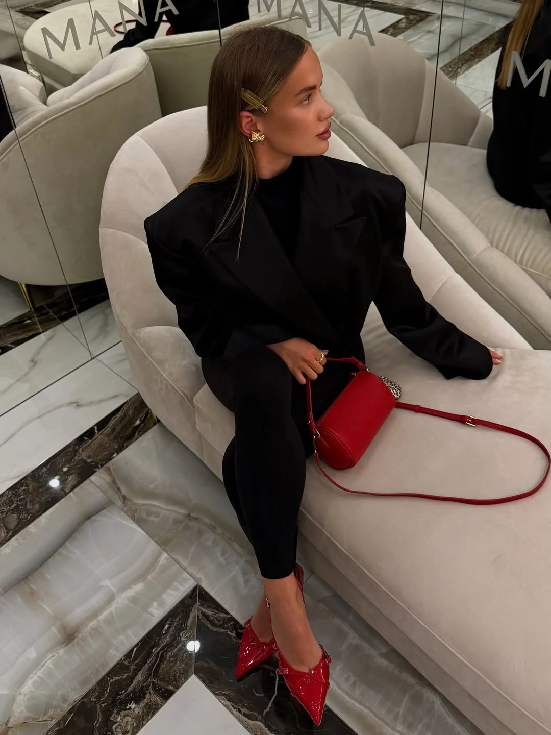 fall office outfits for women 2026 Bold Black Tailoring with Red Accents