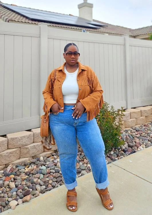 fall outfits for plus size women 2026 Fringe Jacket and Jeans for Everyday Confidence