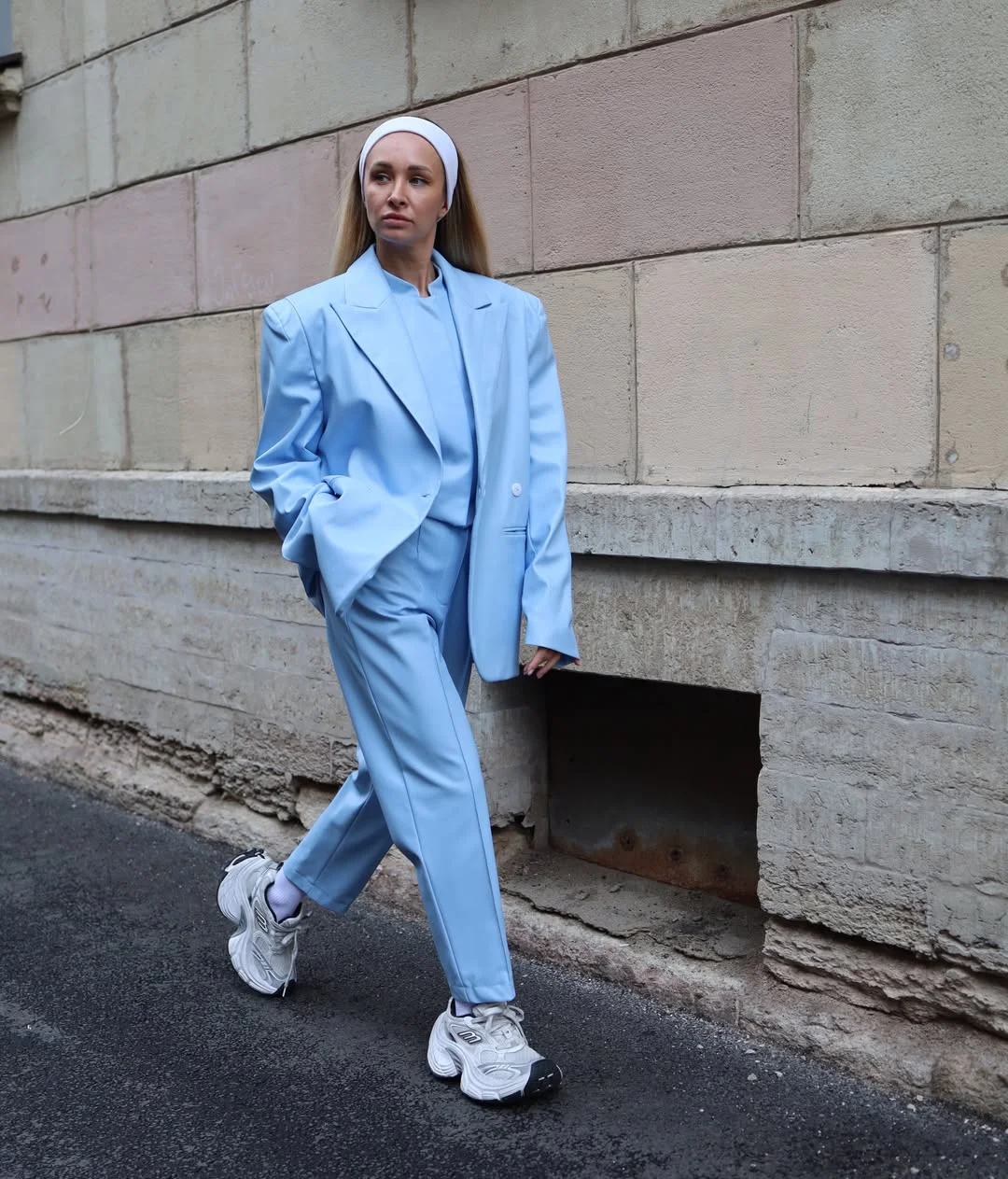 fall outfits for women in 30s style 2026 Powder Blue Tailoring Meets Casual Street Energy