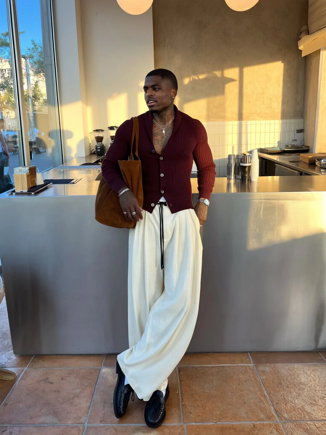 fall outfits ideas for men 2026 Relaxed Luxury With a Burgundy Cardigan