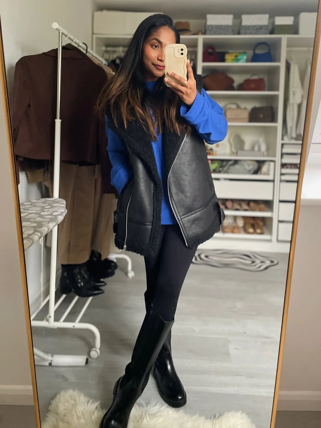 fall outfits with boots and leggings 2026 Bright Blue Knit and Black Knee High Boots