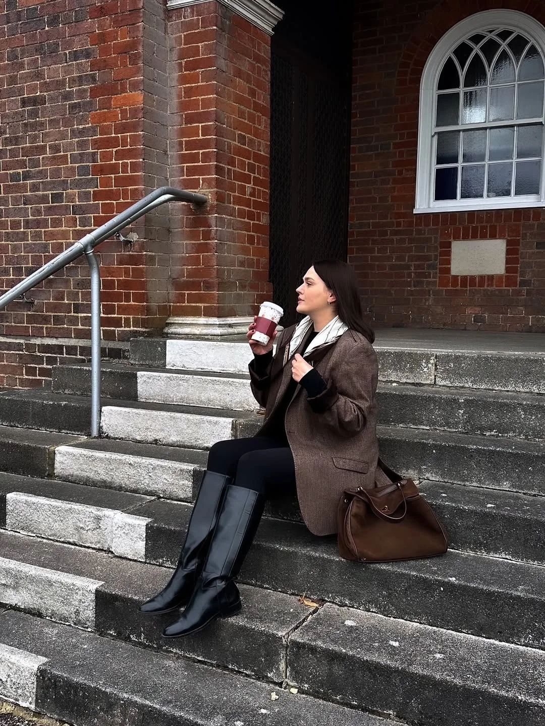 fall outfits with boots and leggings 2026 Coffee Run Chic With Black Knee High Boots