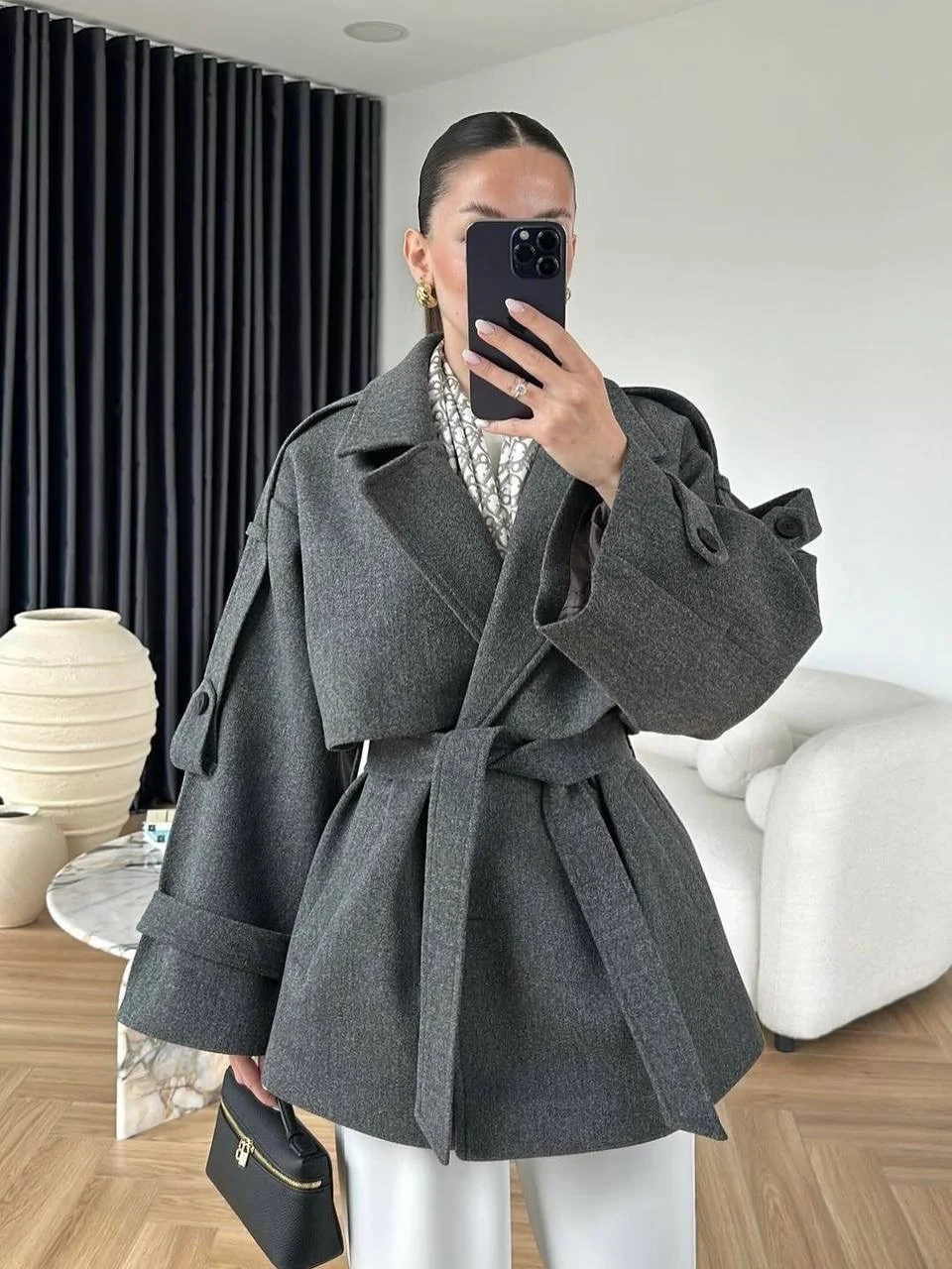 fall outfits with coat 2026 Charcoal Wrap Coat with Modern Minimalist Energy