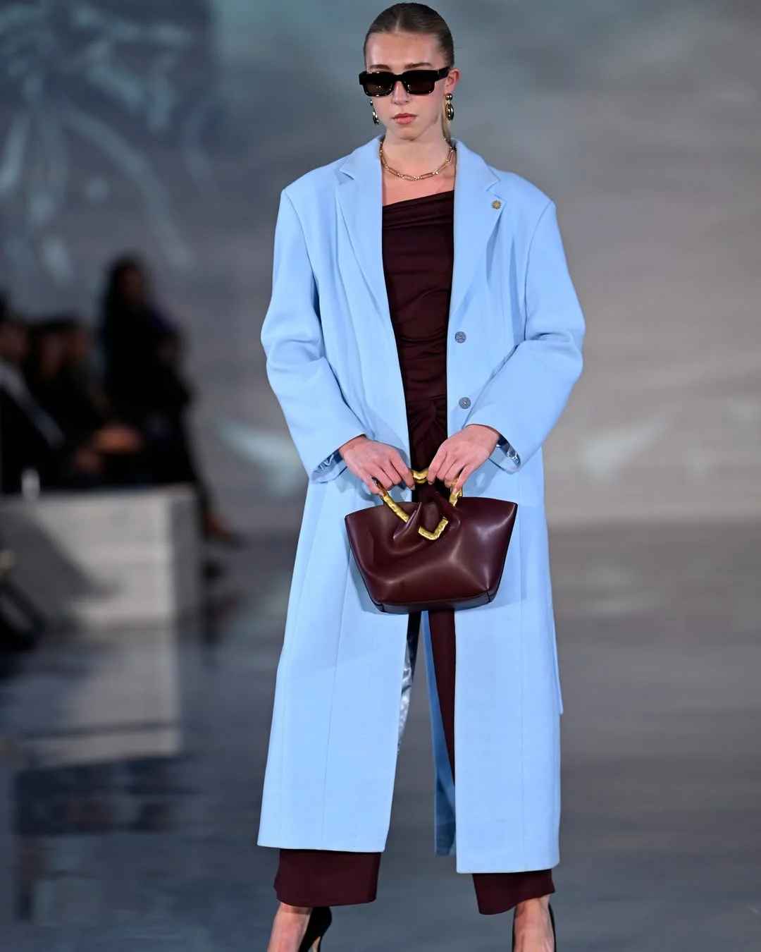fall outfits with coat 2026 Pastel Blue Coat With Rich Burgundy Accents