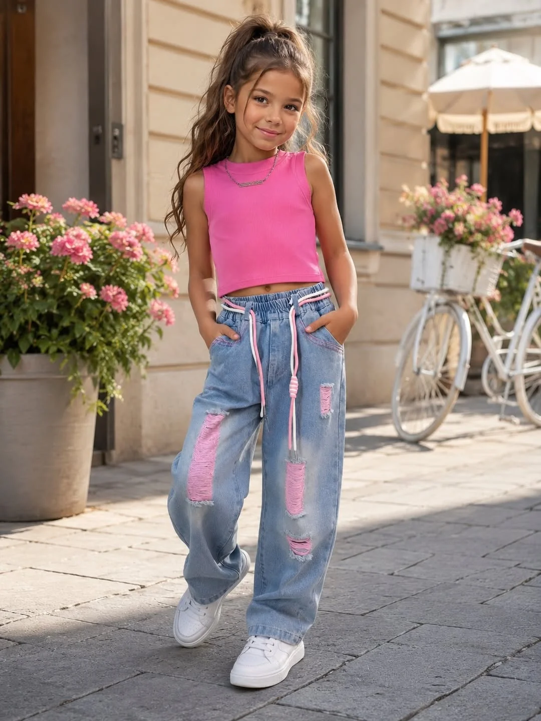 fall outfits with jeans and sneakers 2026 Playful Distressed Denim with Bright Color Pops