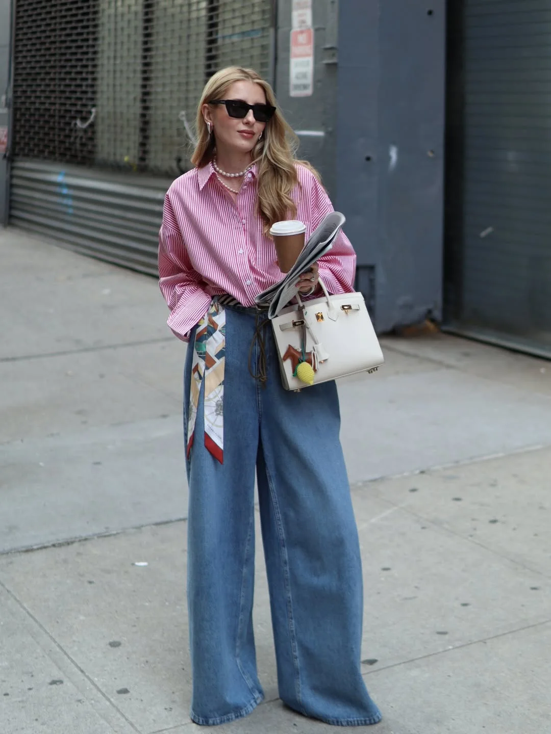 fall outfits with jeans and sneakers 2026 Pink Stripes and Oversized Denim Elegance