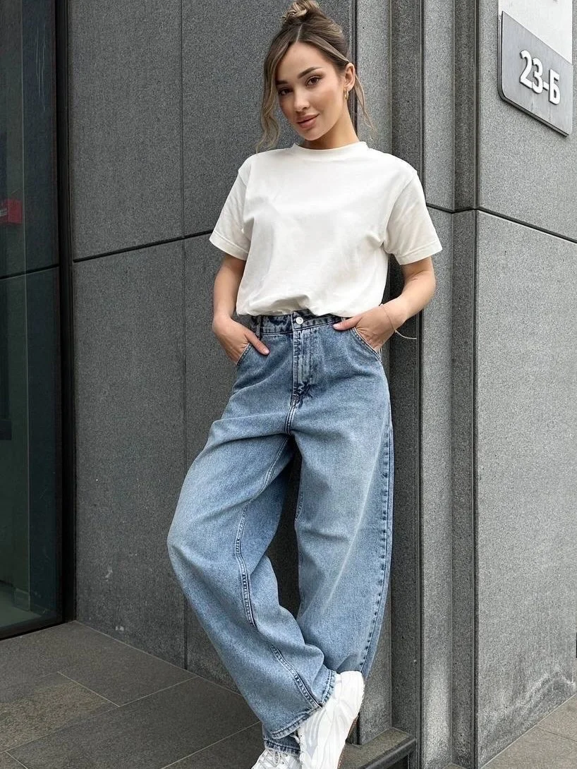 fall outfits with jeans and sneakers 2026 Classic White Tee and Wide Leg Denim