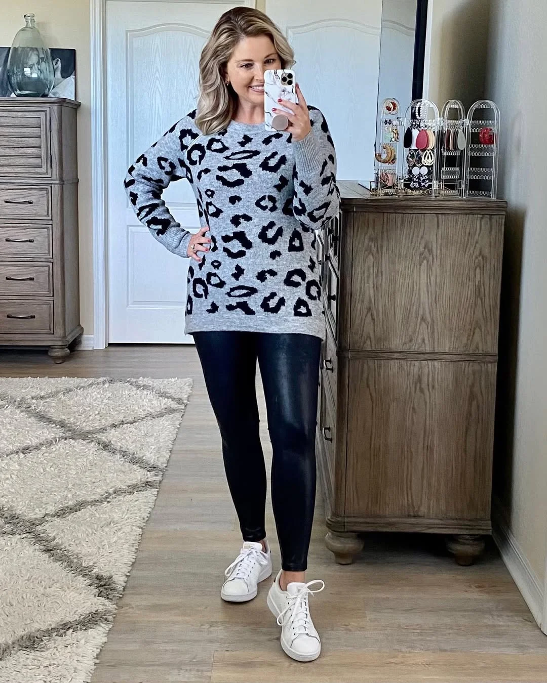fall outfits with leggings and sneakers 2026 Leopard Knit and Everyday Confidence