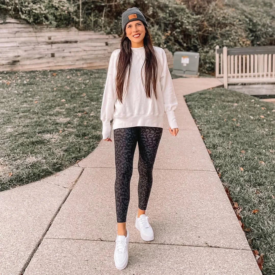 fall outfits with leggings and sneakers 2026 Relaxed Weekend Style with Patterned Leggings