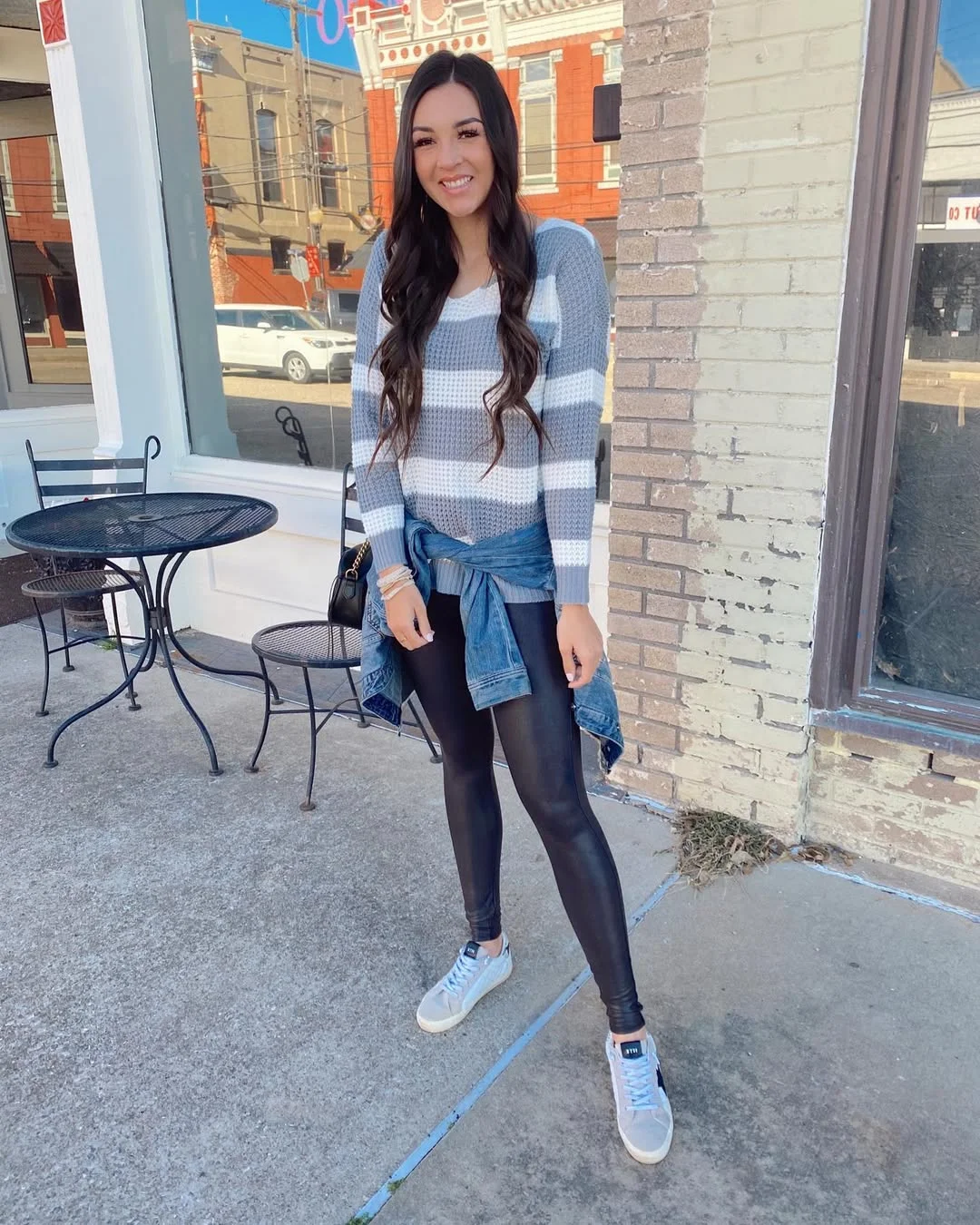 fall outfits with leggings and sneakers 2026 Striped Knit and Leather Look Balance
