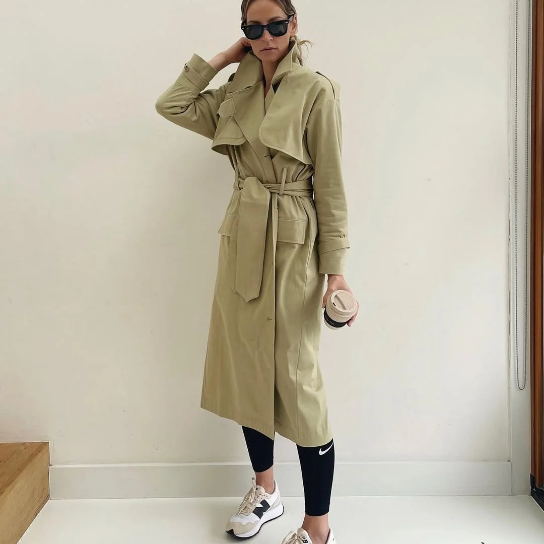 fall outfits with leggings and sneakers 2026 Trench Coat Meets Athletic Basics