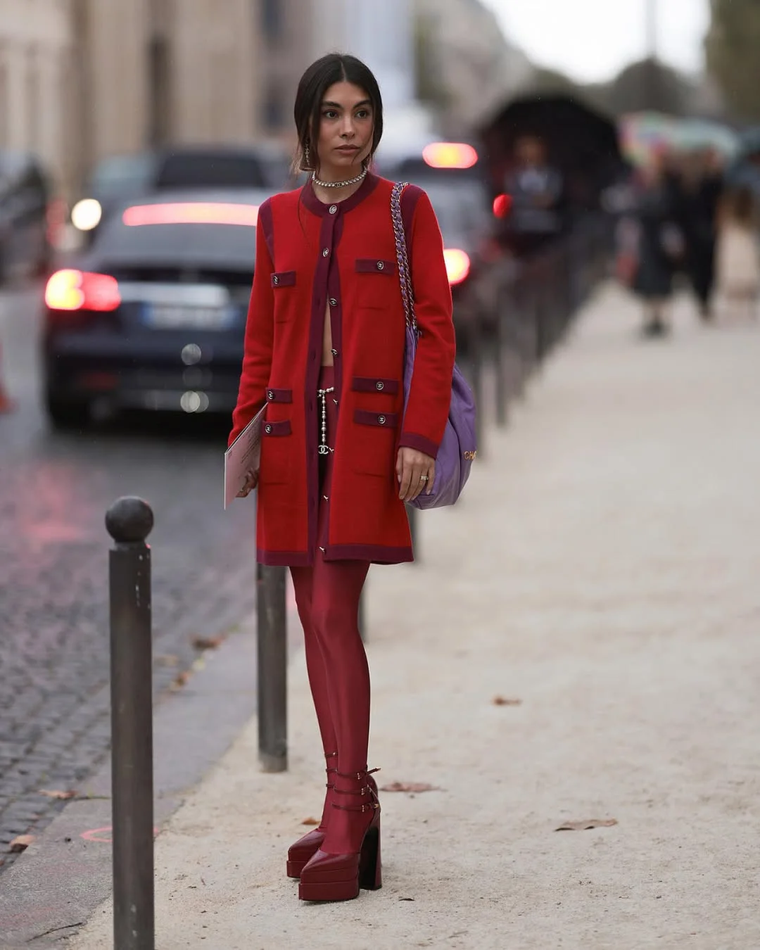 fall outfits with tights 2026 Monochrome Red Tights With Runway Energy