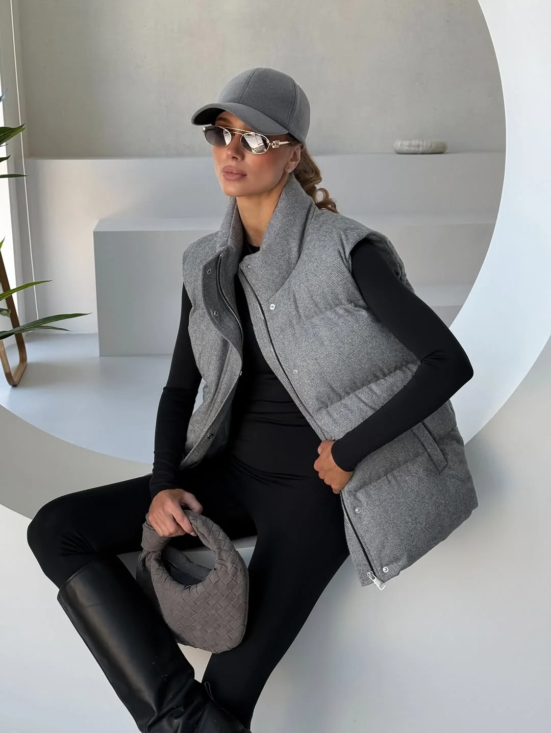 fall outfits with vests 2026 Monochrome Leggings and Structured Gray Vest