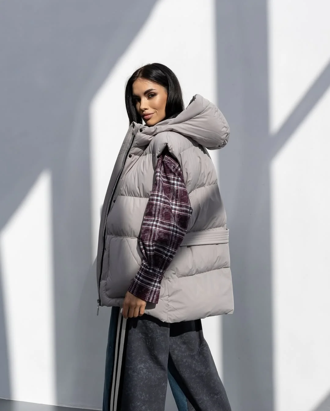 fall outfits with vests 2026 Oversized Hooded Vest With Plaid Layers