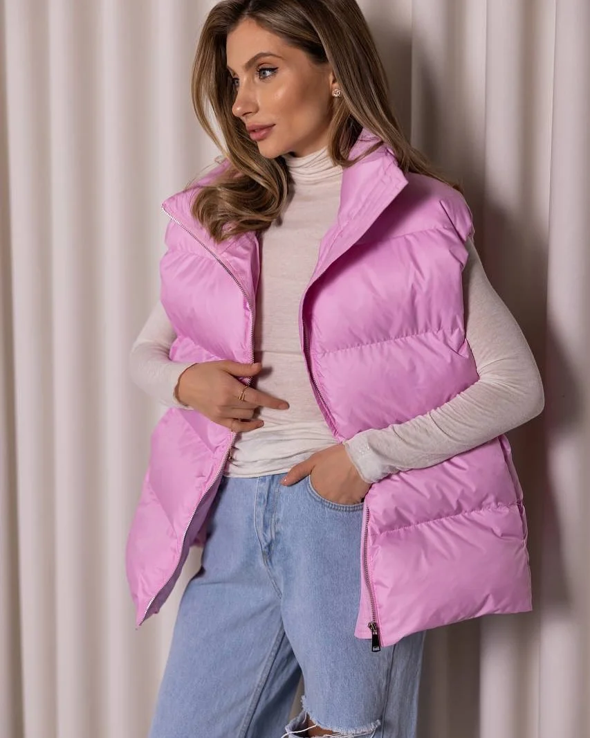 fall outfits with vests 2026 Playful Pink Puffer Vest with Everyday Denim