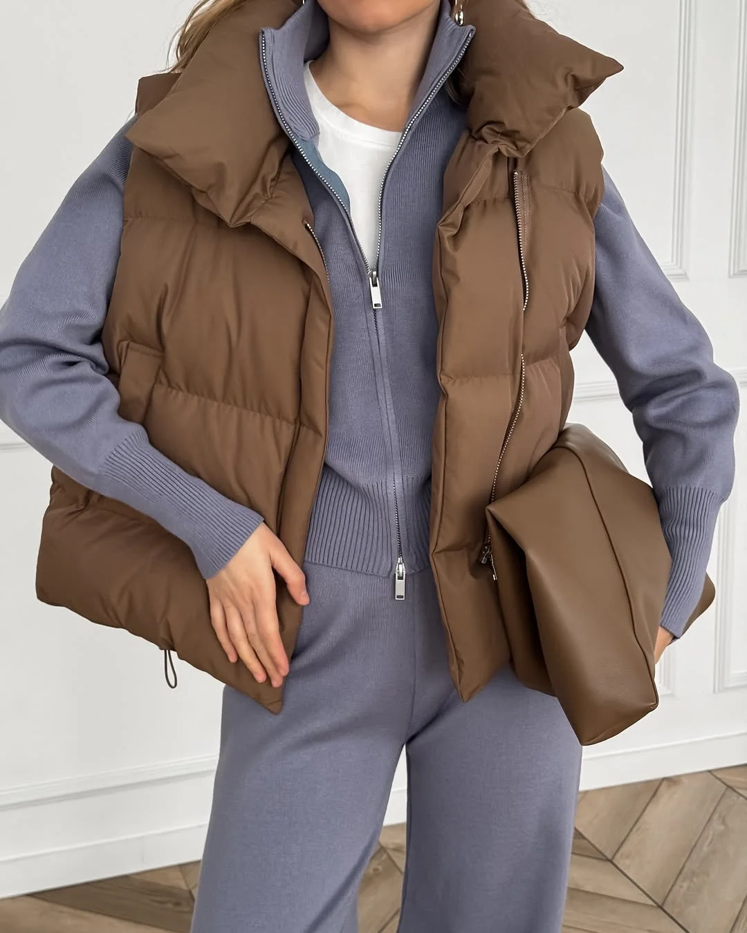 fall outfits with vests 2026 Chocolate Puffer Vest with Relaxed Knit Set