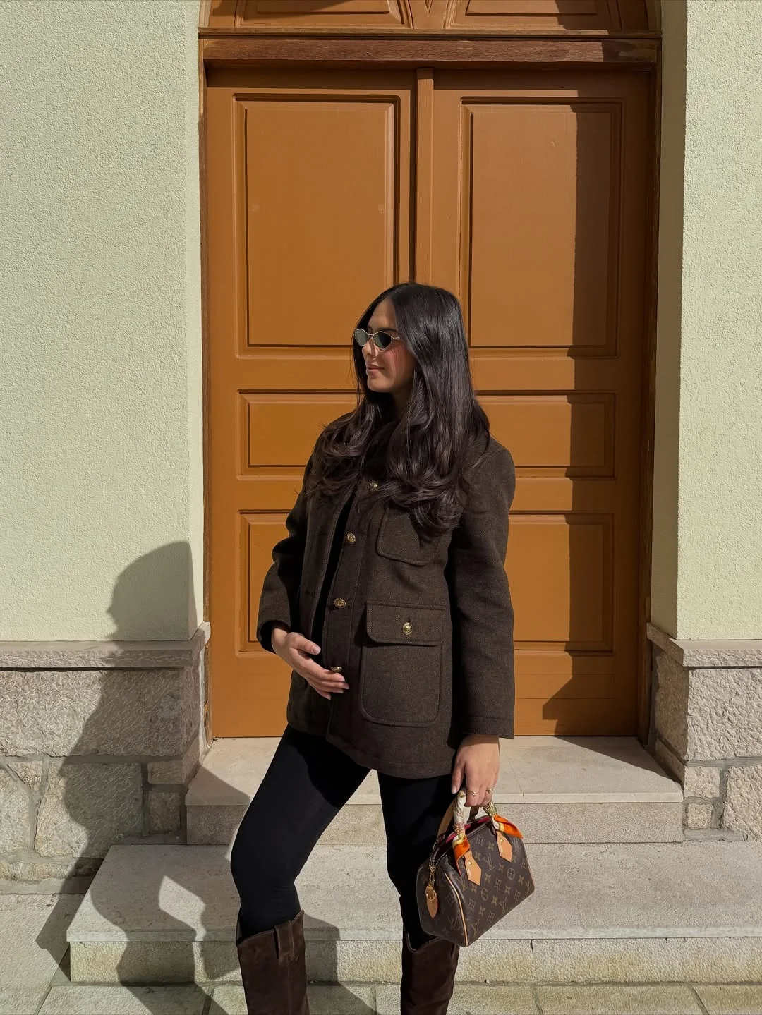 fall pregnancy outfits 2026 Rich Chocolate Layers with Riding Boots