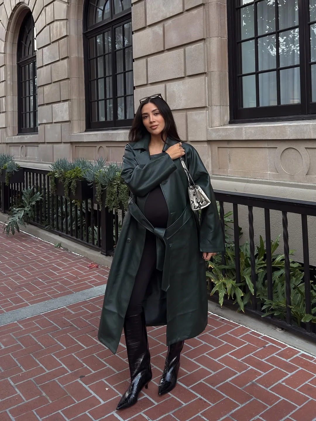 fall pregnancy outfits 2026 Statement Leather Coat with Sleek Black Layers