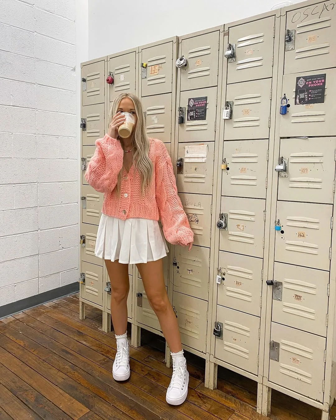 fall skirt and sneakers outfits 2026 Soft Pink Cardigan and Pleated Mini Energy
