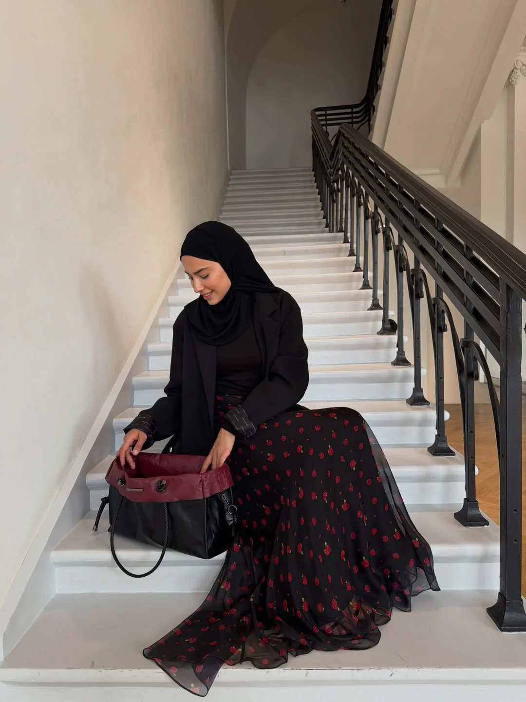 fall skirt and sneakers outfits 2026 Dark Floral Maxi Skirt With Sneakers and Tailored Layers